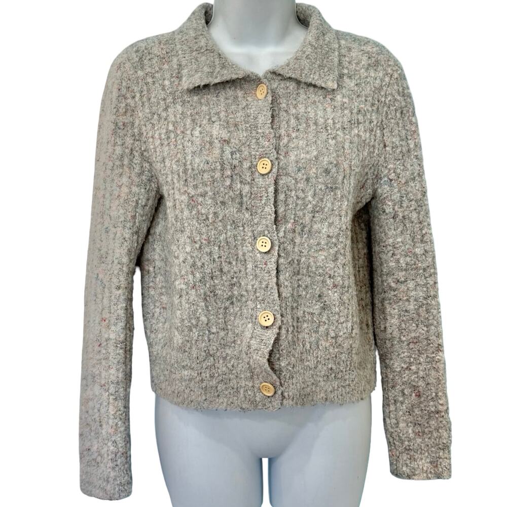 Find Me Now Speckled Knit Button Cardigan Grey Rainbow Collared Sweater Size S